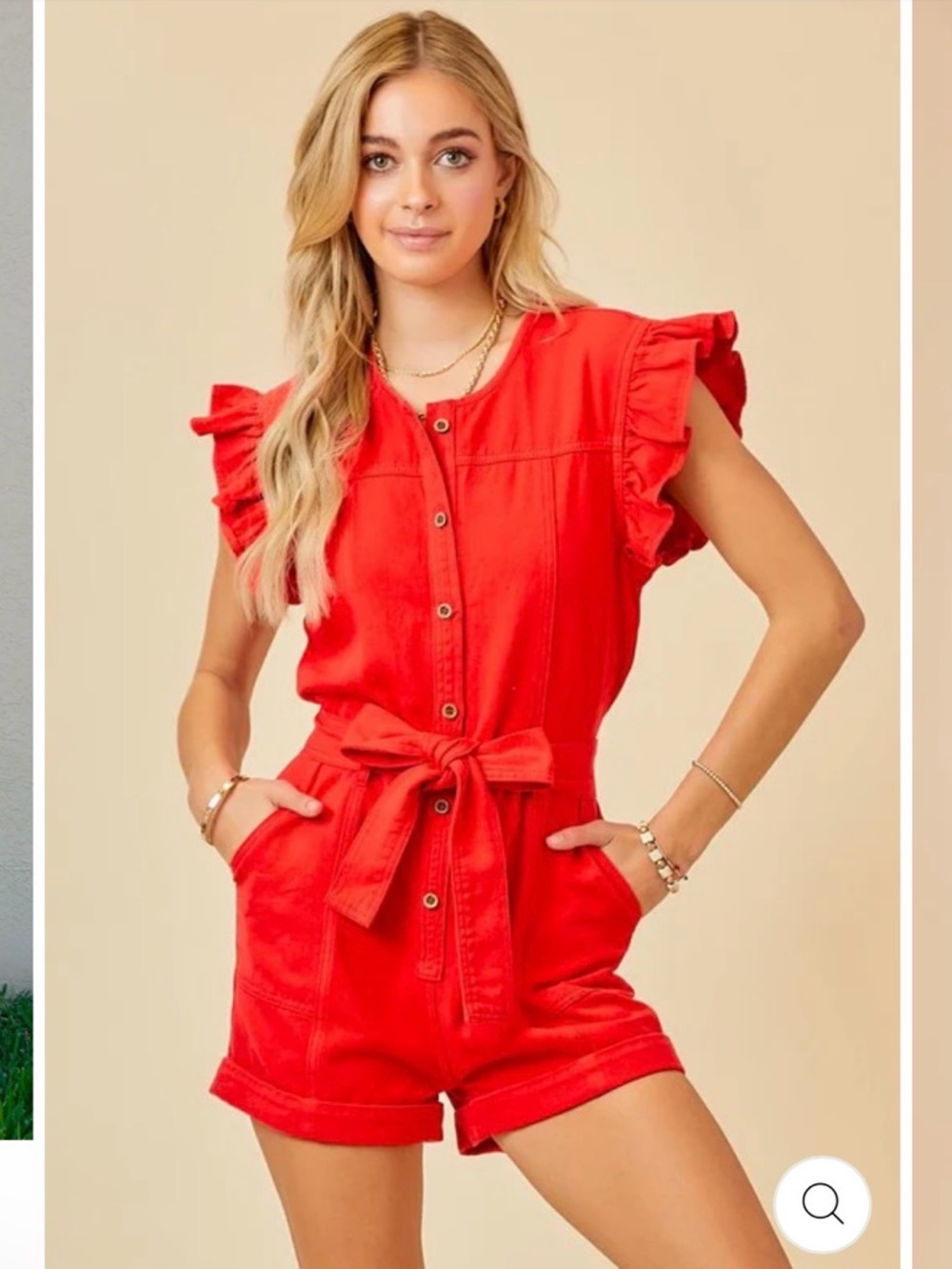 Skies Are Blue Red Ruffle-Sleeve Tie-Waist Romper